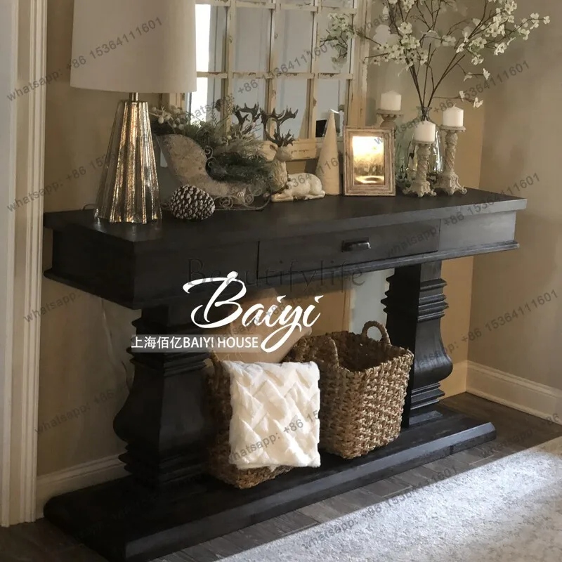 American rural retro solid wood entrance table is very narrow against the wall French black entrance table