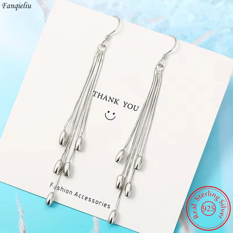 Solid 925 Sterling Silver High Quality Jewelry New Fashion Multiple Chains Long  Drop Earrings For Women FQL23558