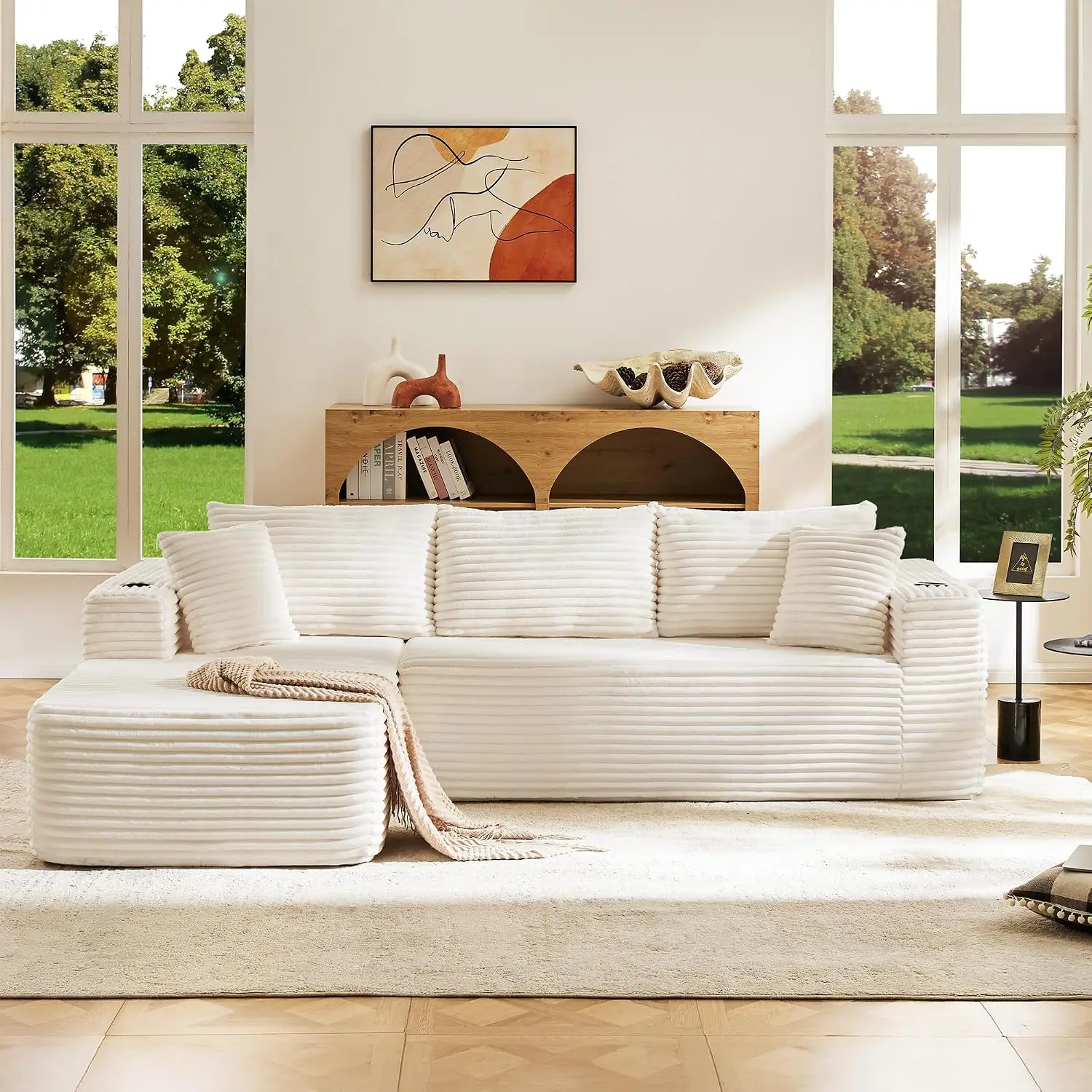 Modular Sectional Sofa Set Velvet Corduroy Upholstery Convertible Couch Cup Holders Pillows Living Room Beige, Customized