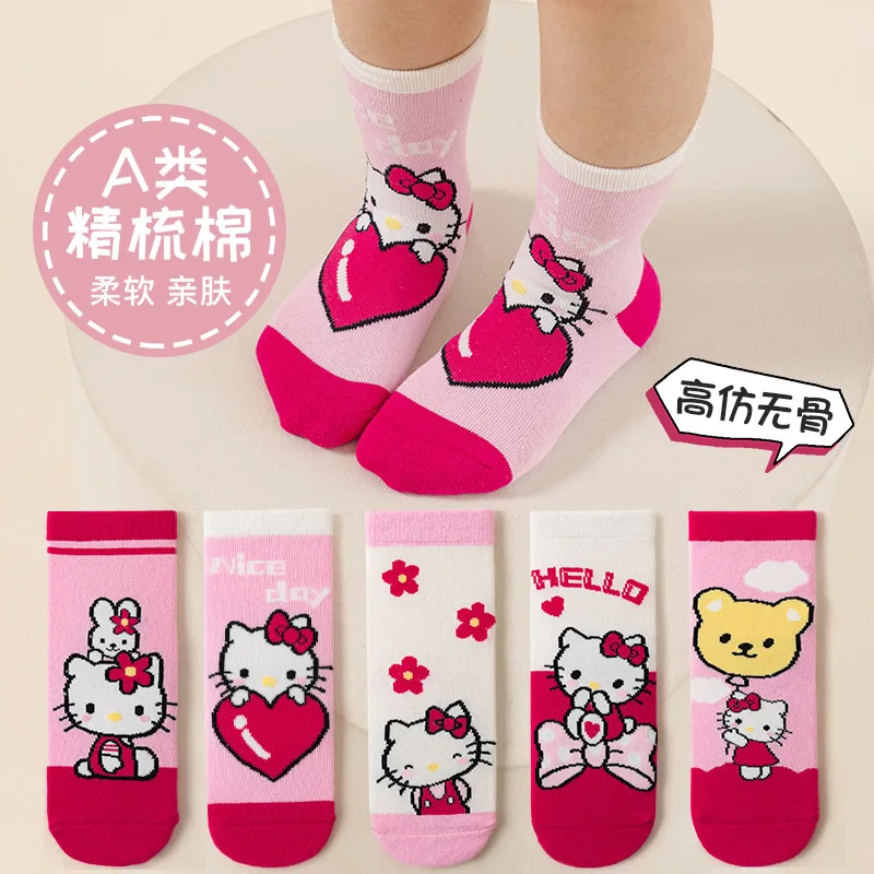 

5 Pairs For KT Mid-Calf Socks GirlsSpring/Summer kawaii Cartoon Cotton Socks Sweet Cute Middle Childrens Princess Sock