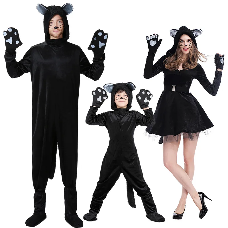 Disfraz de gato negro para niños, disfraz de gatito, guantes de animales, sombrero, adecuado para espectáculo de escenario, disfraces de Halloween, actuación familiar