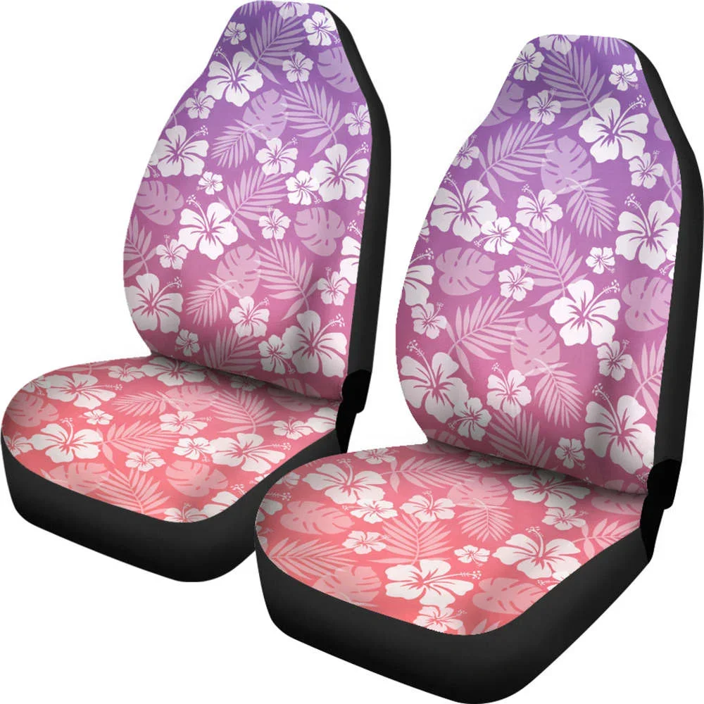 Coral and Purple Ombre Car Seat Covers With White Hibiscus Pattern Ove,Pack of 2 Universal Front Seat Protective Cover