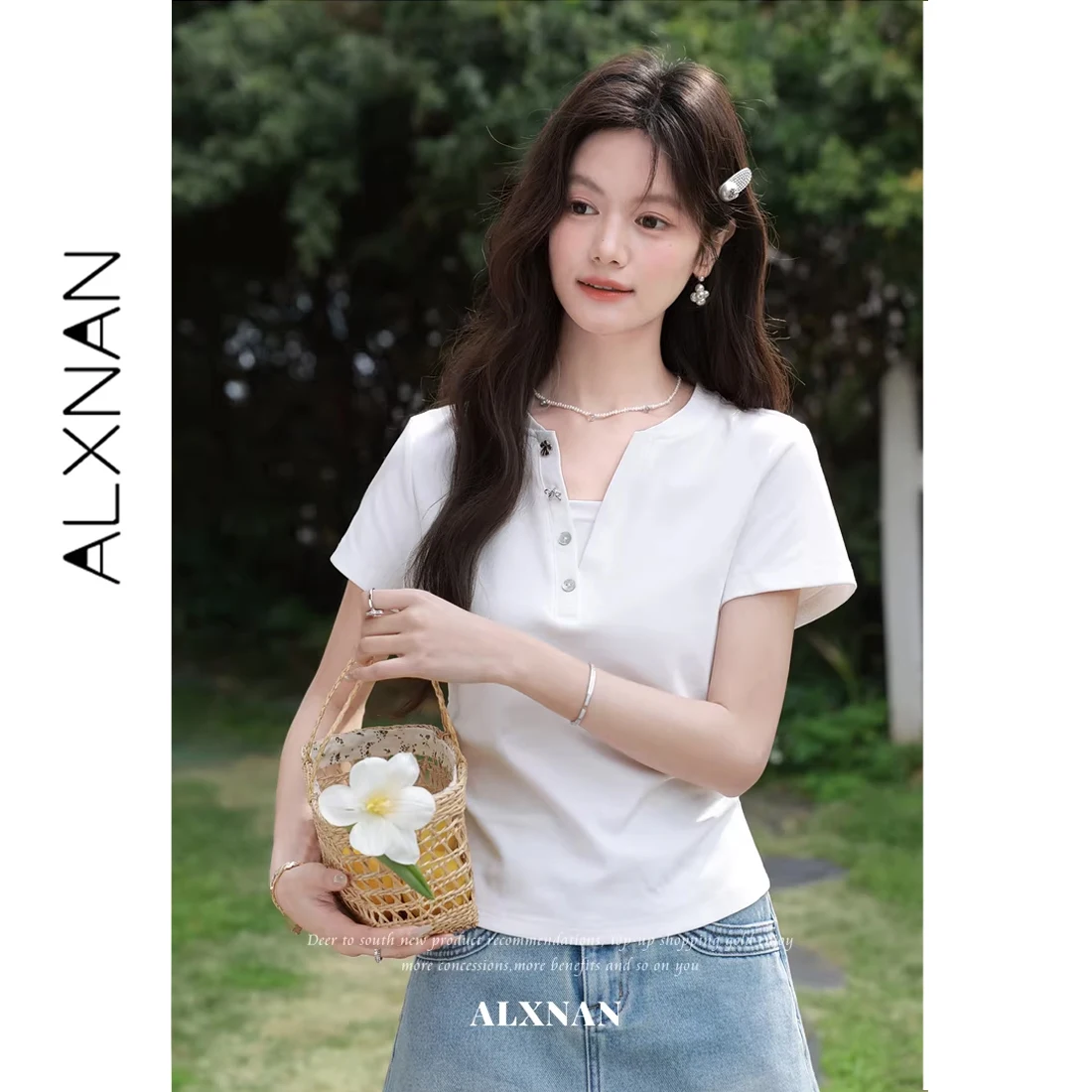 ALXNAN White V-neck T-shirt Casual Cotton Basic Short Sleeve Tees 2026 Summer Elegant Fashion Slim-fit Female Clothing L62906-1