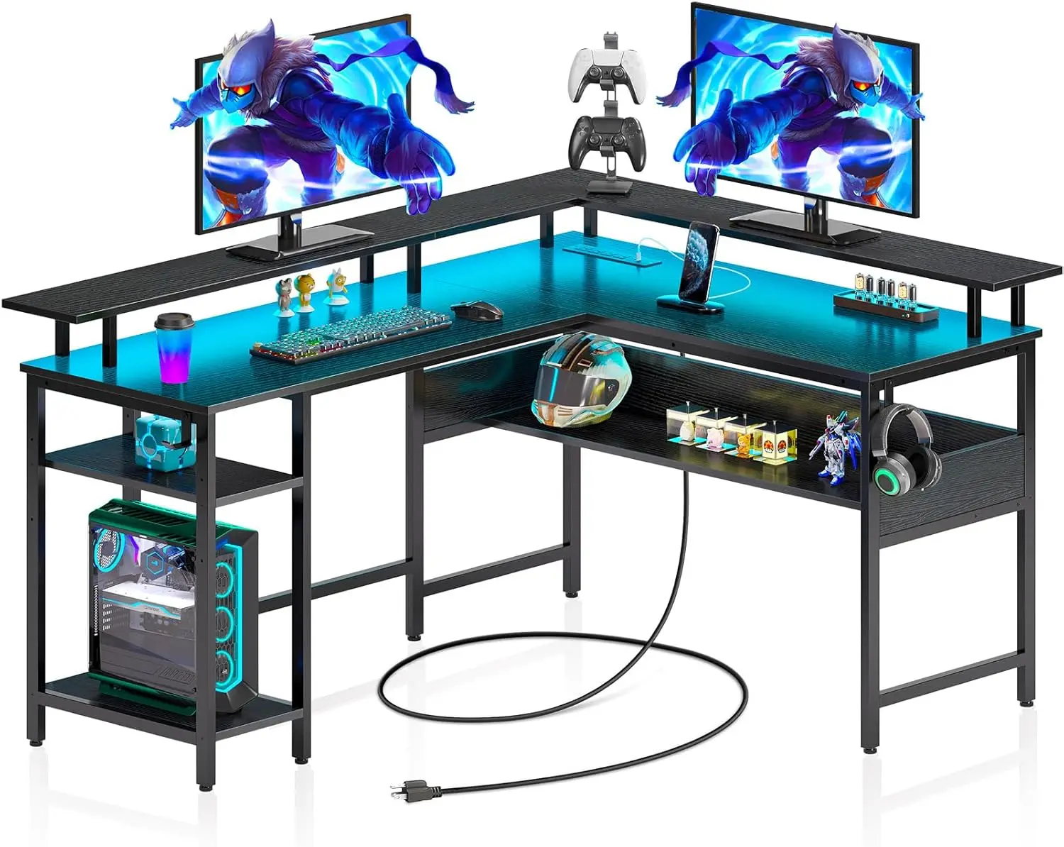 

Rolanstar Computer Desk L Shaped 56.7" with LED Lights and Power Outlets, Reversible L Shaped Gaming Desk with Monitor Stand,