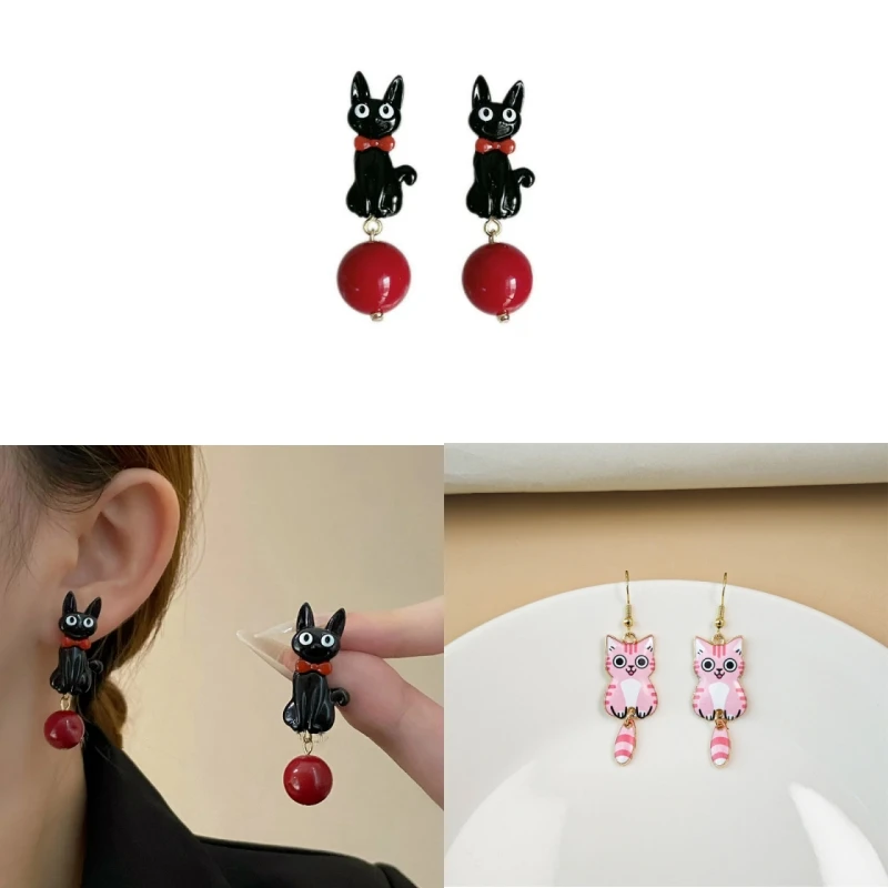 High-quality Materials Adorable Cartoon Black Cat Earrings With Red Pearl Pendant - Elegant And Stylish For Women