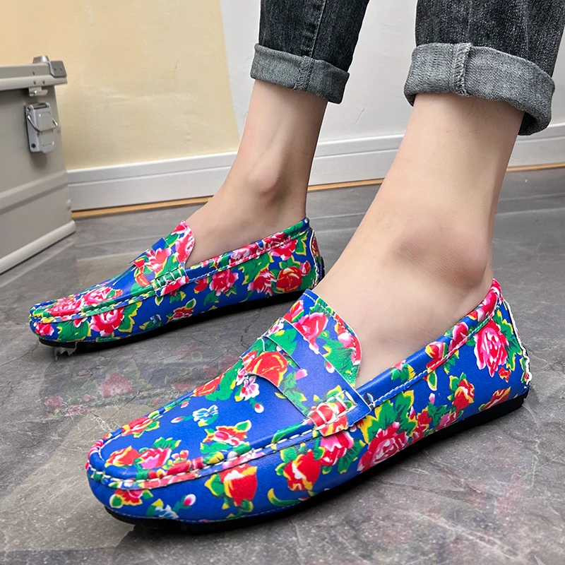 Men Red Floral Print Loafers Penny Slip On Driving Shoes Casual Business Moccasins Unique Male Footwear Business Office Shoes