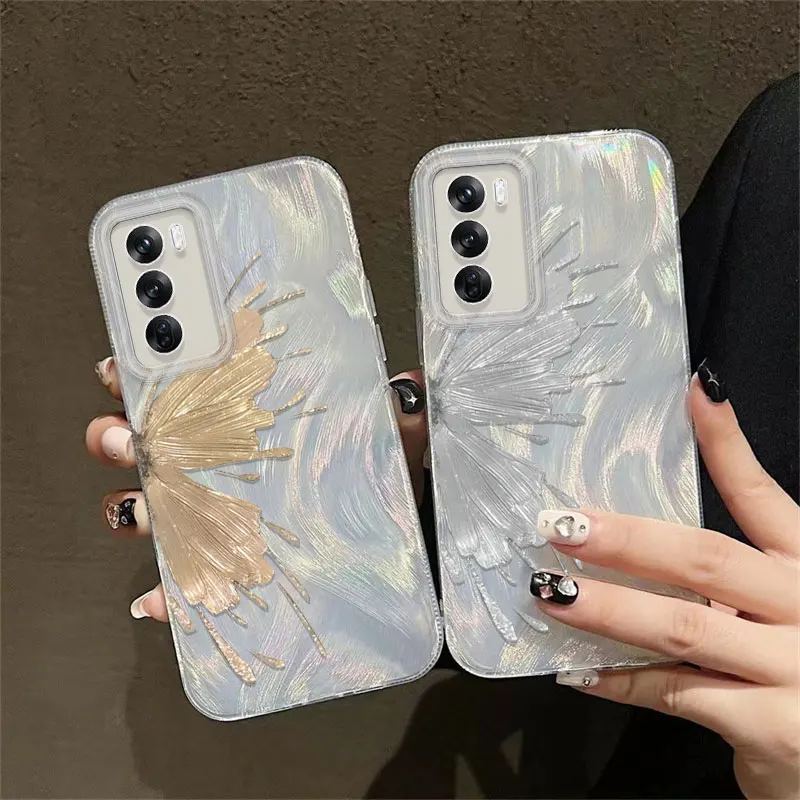 Funda de mariposa pintada para OPPO Reno 12 11 Pro 8T 7Z 11F 4 6 Lite, funda de teléfono de silicona gradiente de plata láser de lujo