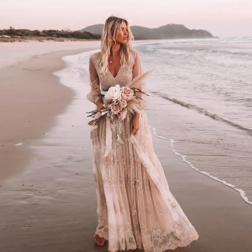 

Boho Lace Embroidered Wedding Dress Long Sleeve Deep V Neck Flowy Lace Skirt Beach Bridal Custom Made 2026