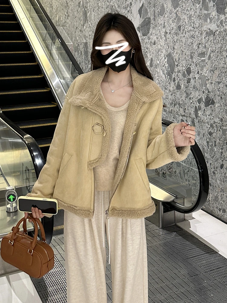 

Women's ort Thiened Lamb Fur Jaet Warm Autumn Winter New Sle Casual Sweet Sle Polyester Fiber Coat with Hat