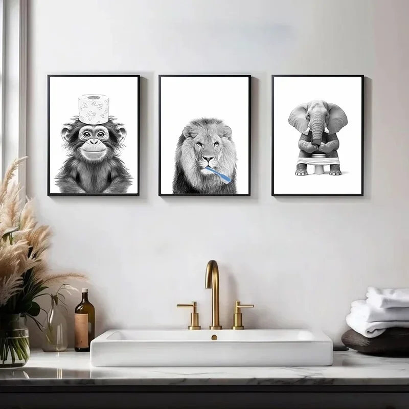 Cute Raccoon Bathroom Prints Posters Abstract Black and White Animal Decor Canvas Painting Bathroom Wall Art Picture Room Decor