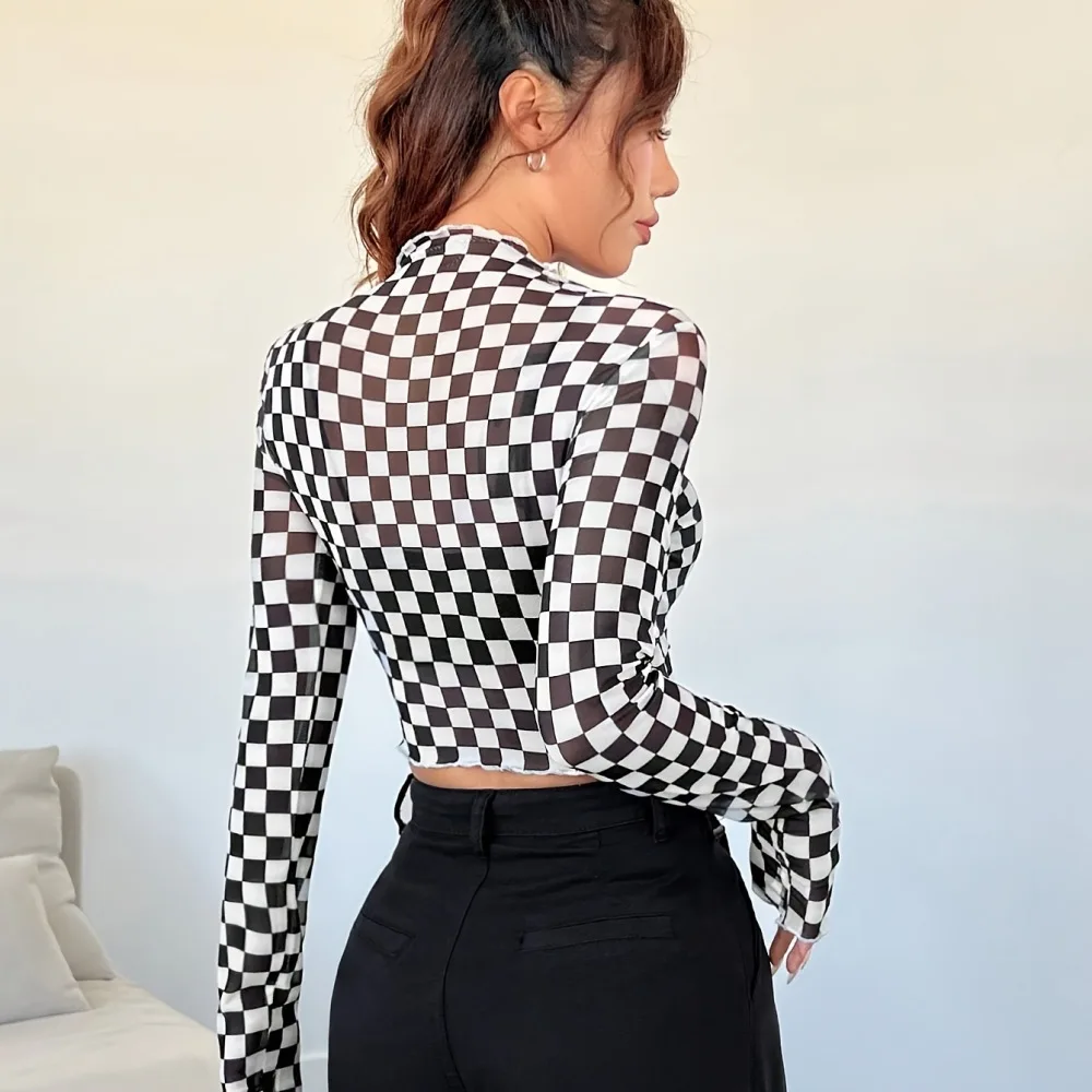Womens Mesh Checkerboard Long Sleeve T Shirt Spring Slim Fit Half High Collar Pullover Casual Fashion Base Layering Top