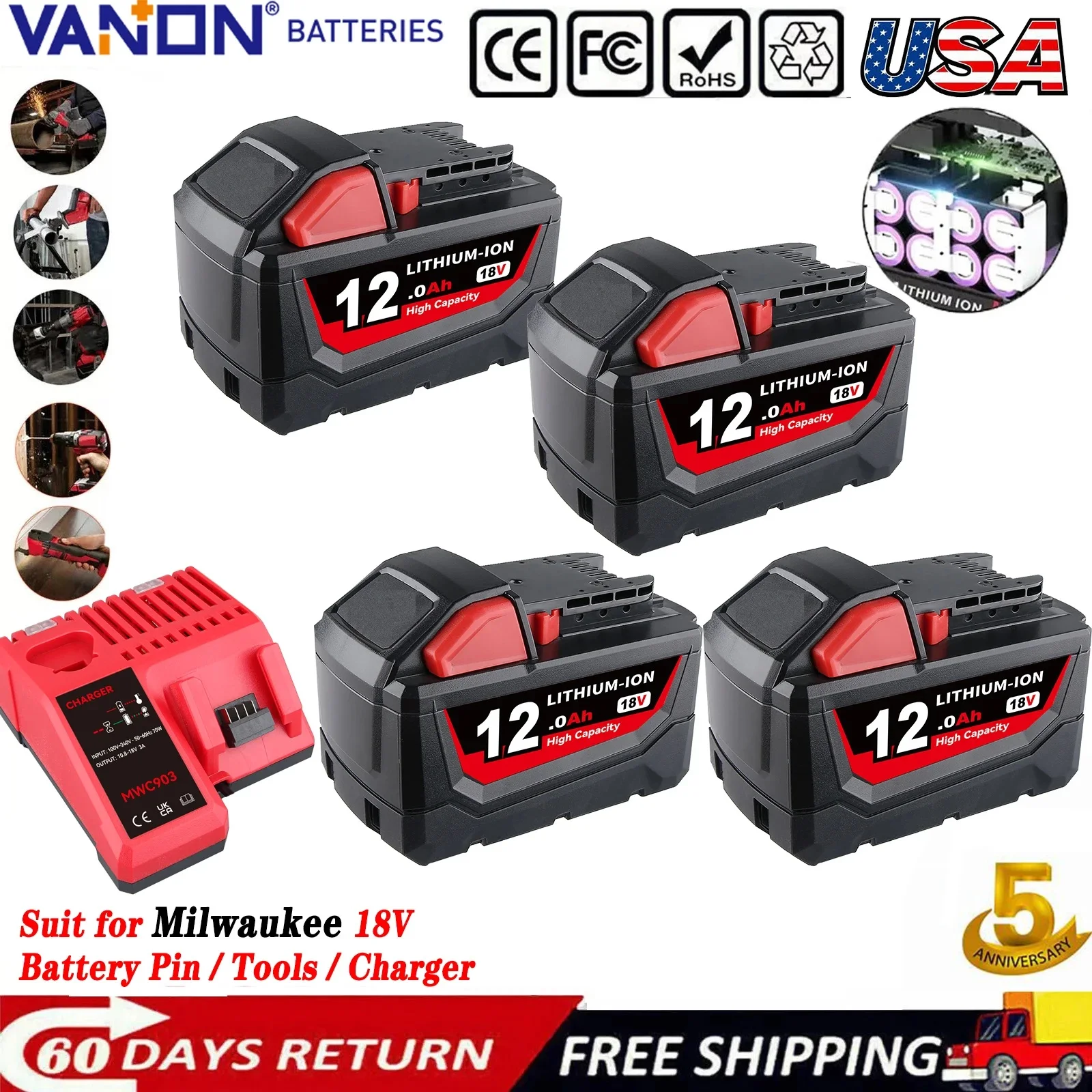 

VANON 1/2/4Pcs 12.0Ah M18 Replace for Milwaukee 48-11-1812 48-11-1820 18V Li-on Battery Pin and 3A 12-18V M12-18C Charger