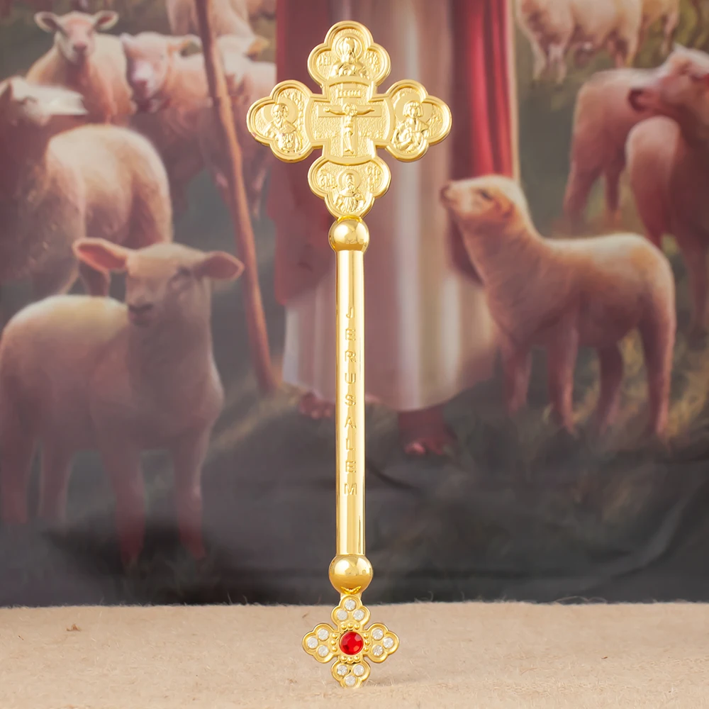 HTISOK Exquisite Jerusalem Pilgrim Cross Gold Religious Pendant with Red Gemstone Christian Symbol Jewelry for Church and Gift