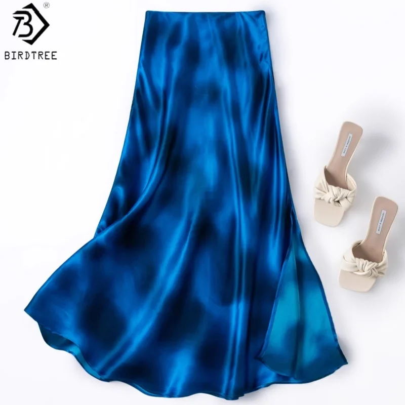 

Юбка Birdtree из 100% натурального шелка с градиентным эффектом, косой крой, женская однотонная атласная юбка-рыбка с боковым разрезом, эластичный пояс, новинка 2026 D63723JF