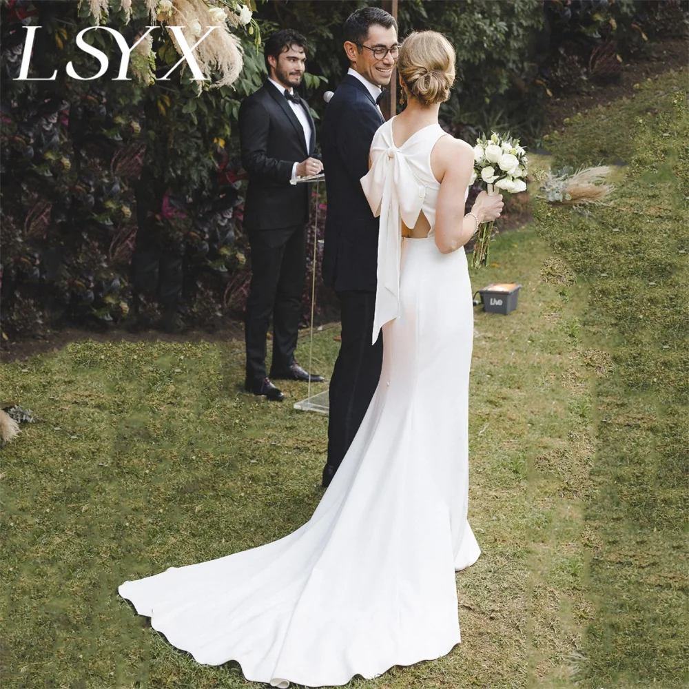 LSYX Sample O-Neck Sleeveless Crepe Bow Mermaid Wedding Dress For Women Cut Out Back Court Train Bridal Gown Custom Made