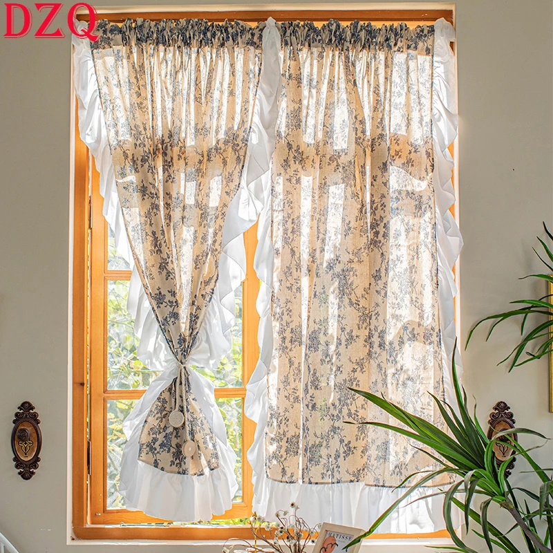 

Pastoral Chinese Style Retro Ruffle Edge Broken Flowers Curtains Cloth Kitchen Celadon Curtais for Livig Room Partition #A311