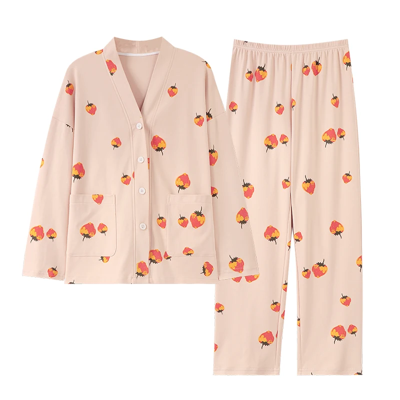 Pink Strawberry Pajamas Set Women Sleepwear Long Sleeves Long Pants Autumn Winter Cute Pyjamas Girl Pijamas Soft Cozy Nighty Pjs