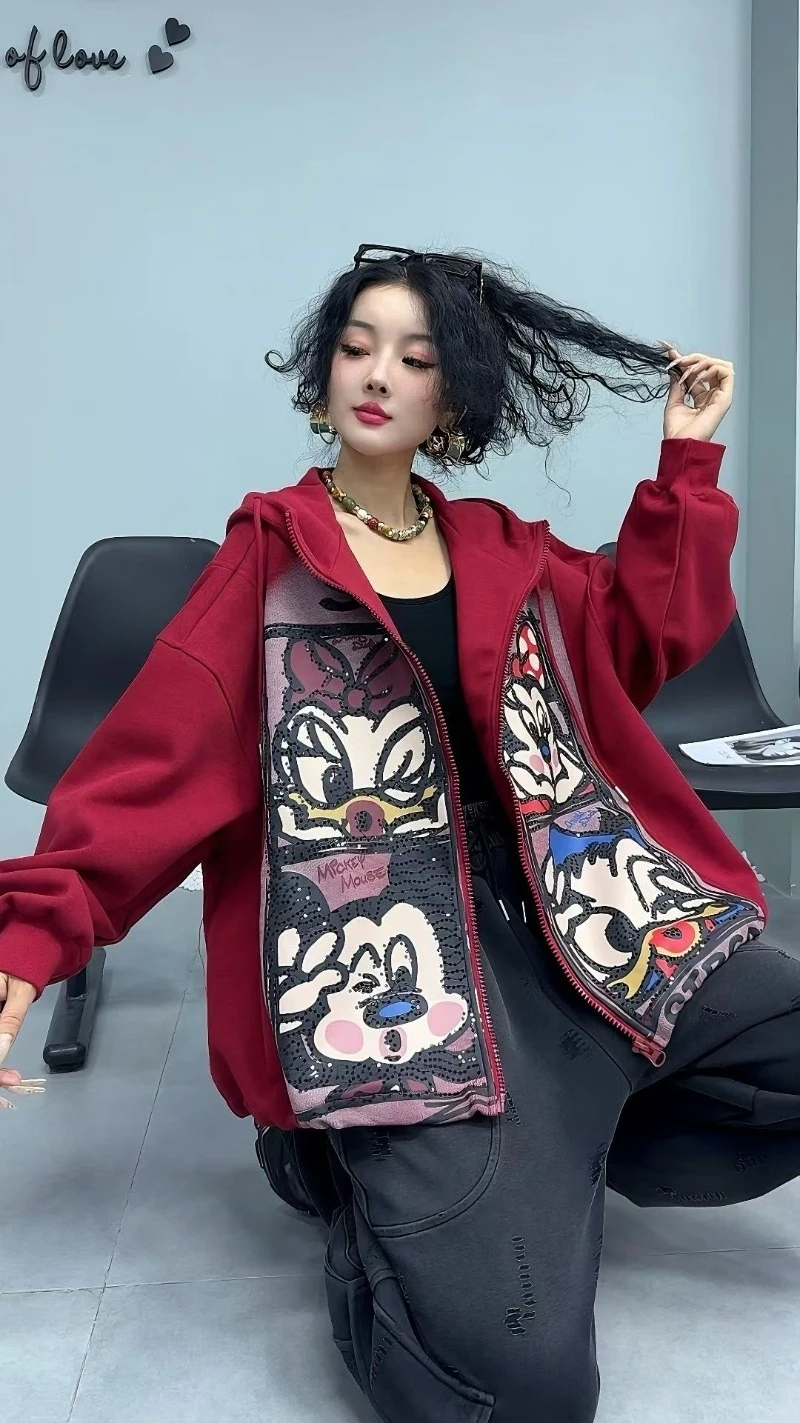 American Casual Retro Cartoon Sequin Zipper Hooded Sweatshirt Loose Fit Long-sleeves Top Casual Jacket Kawaii Clothes Hoodies