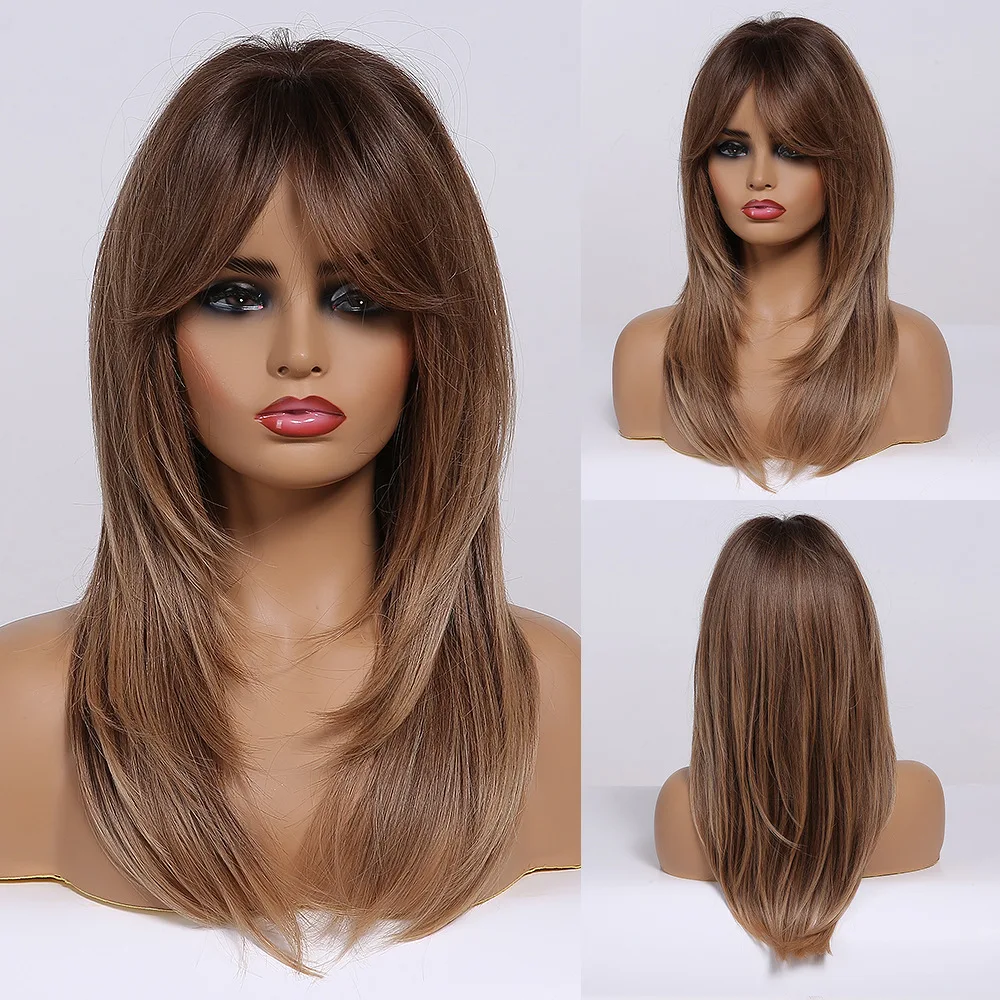 Halloween Wig TopShe Long Straight Brown Ombre Wig with Bangs for Woman Middle Part Synthetic Wig Heat Resistant Medium Length Wig for Girls Costume Party Cosplay Daily Wear Soft Natural Looking Straight Layered Cut Face Framing Full Head Wigs