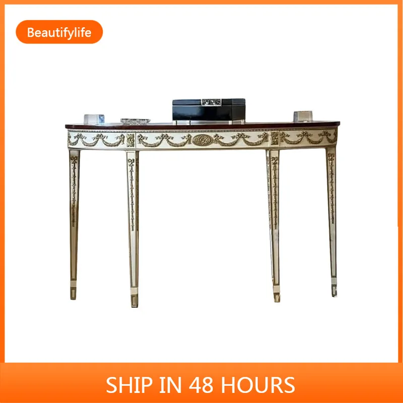 

French Retro Solid Wood Entryway Table for Front Door, Semi-Circular Ultra-Narrow Entryway Table for Living Room