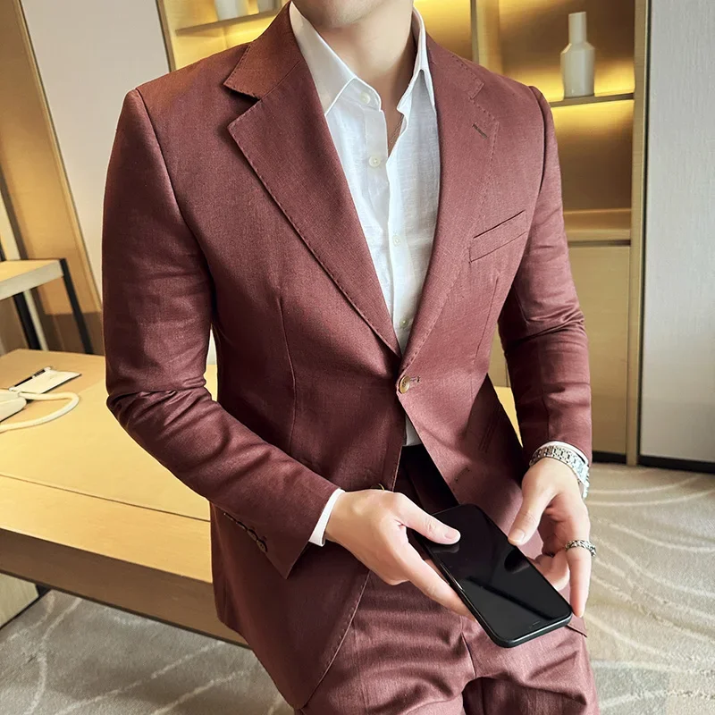 Linen Thin Mens Suit 2 Pieces (Jacket+Pants) Italian Napoli Light Breathable Trendy Jacket Texture Back Double Slit Dress Suit