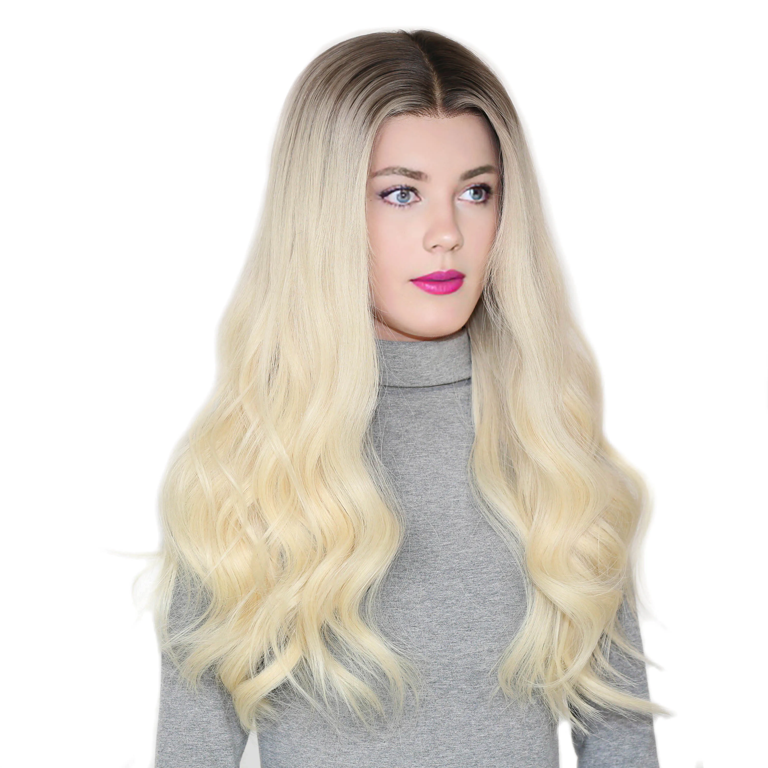 Remy Human Hair Lace Front & Top Wig Pear Blonde Hair Color with Brunette Root Color and Luxury Hand Painted  Balayage Ombre Wig