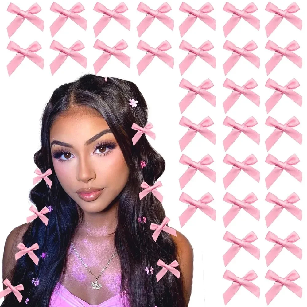 

30 шт., заколки для волос с бантом, розовые атласные мини-бантики, аксессуары для волос, милые заколки с бантом для волос, заколки для волос с лентой для женщин и девочек