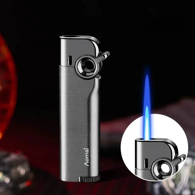 Compact Portable Rocker Arm Jet Blue Flame Buatane Lighter Metal Body Windproof Inflatable Cigarette Lighter Smoking Accessories
