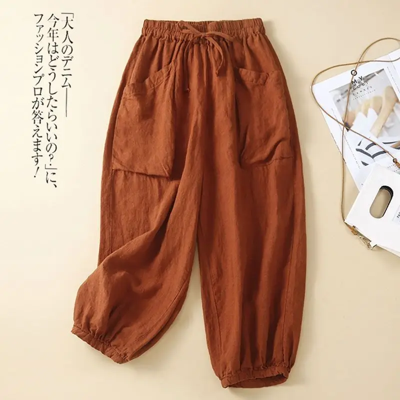 Summer 2024 New Casual Fashion Solid Linen Loose Pocket Wide Leg Radish Pants Women Ankle-length Trousers Female Elastic Z359