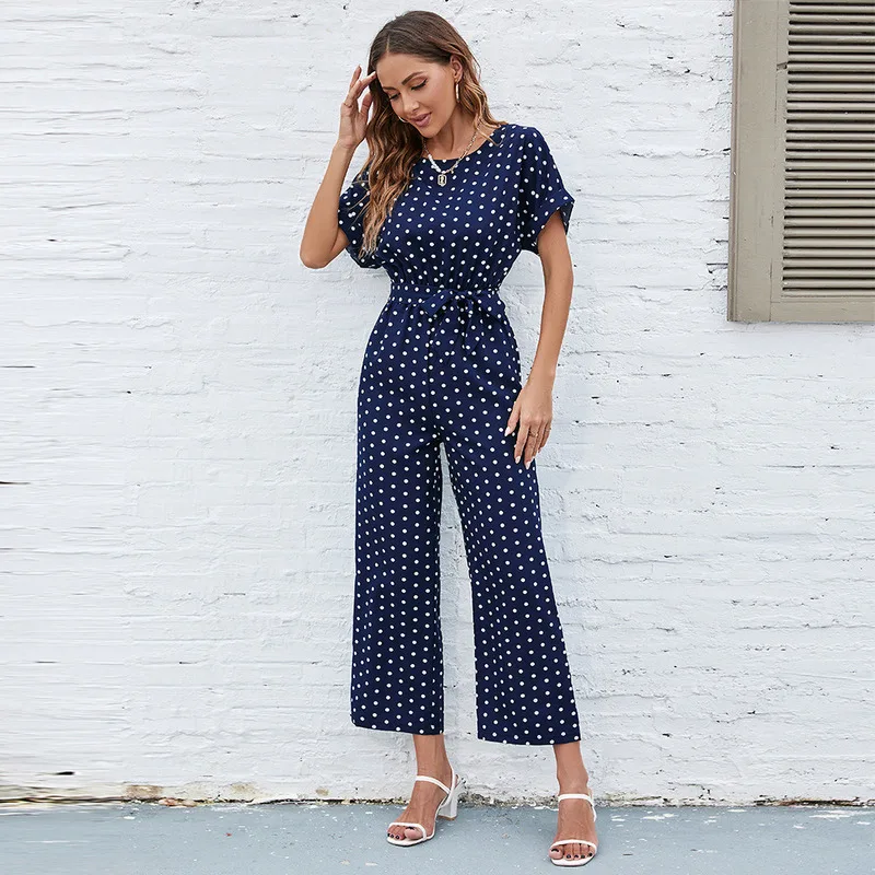 

2024 Summer New European and American Round Neck Tie Women's Short Sleeve Polka Dot Bat Sleeve jumpsuit