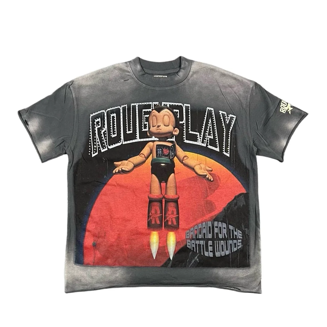 2026 Full Rhinestone Rivet Men Women Retro Vintage T shirts Diamond Cropped Anime Robot Printed Washed T shirt Summer Tops