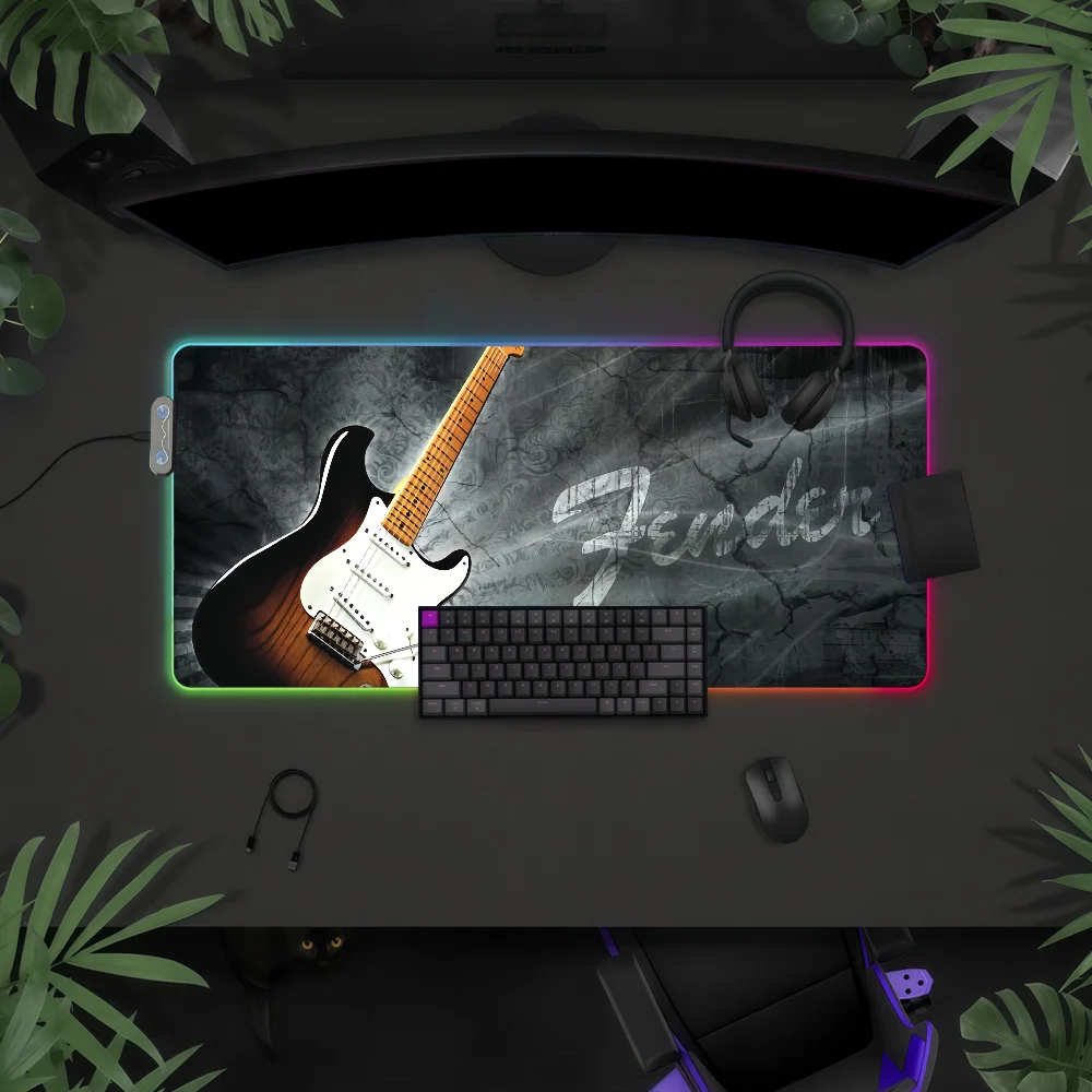 Fashion F-Fender Guitar   Mouse Pad Waterproof RGB LED Light Colorful Game Keyboard Non-slip Cover Desk-mat Surface