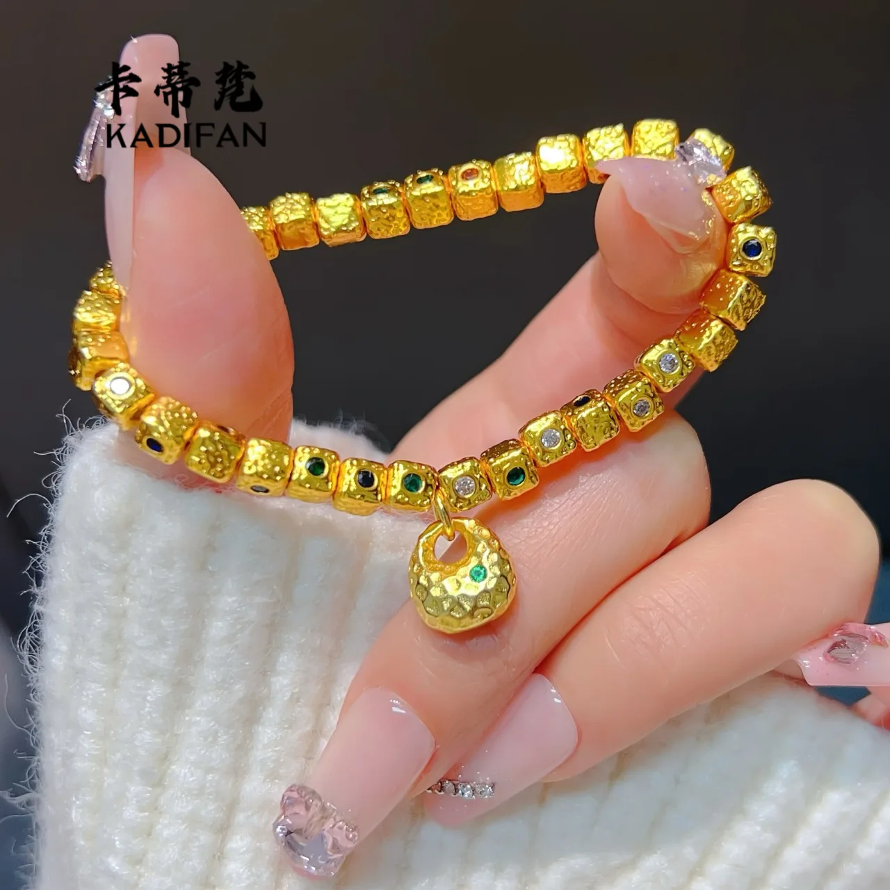 Gold shop 24K real gold hammer pattern colored sugar cube ancient bracelet for women au999 gold color treasure bracelet