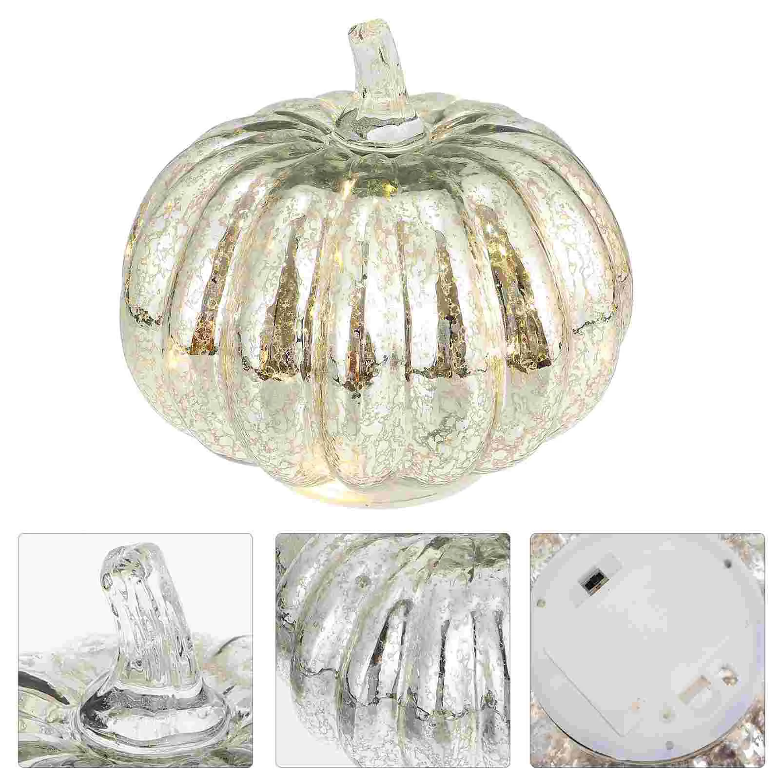 Halloween Glass LED Light up Jack-o-lantern Simulated Pumpkin Lamp Electronic Statue Silver Party Decoration