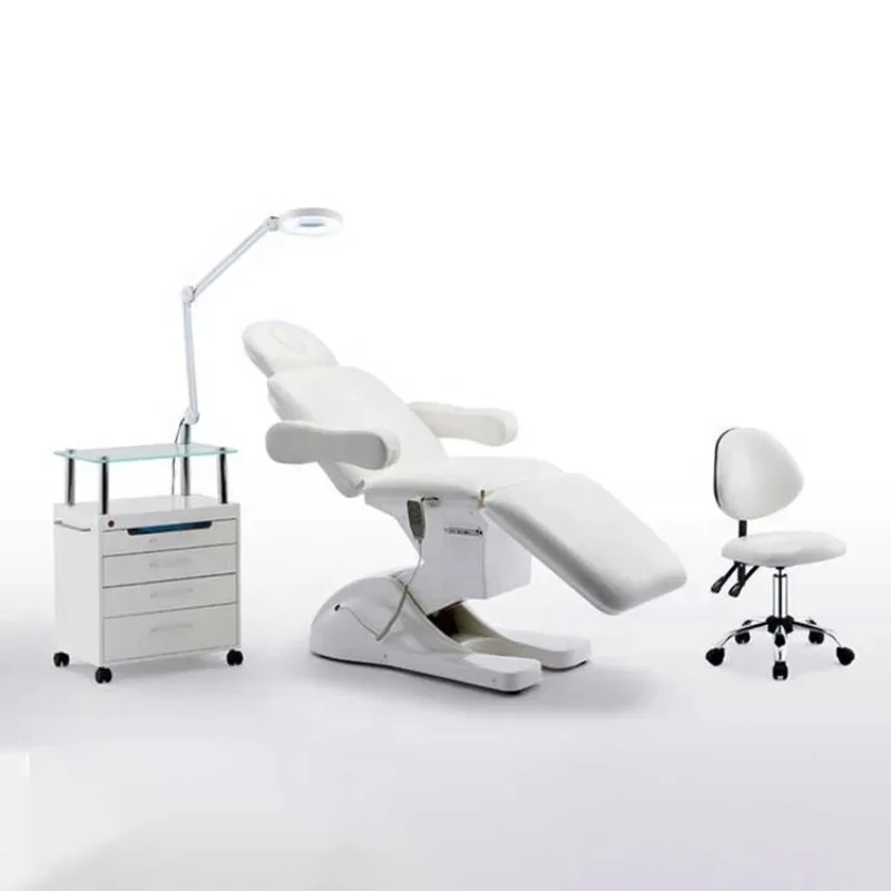 white salon furniture massage table 3/4 motors electric facial physical therapy bed with stool and salon trolley