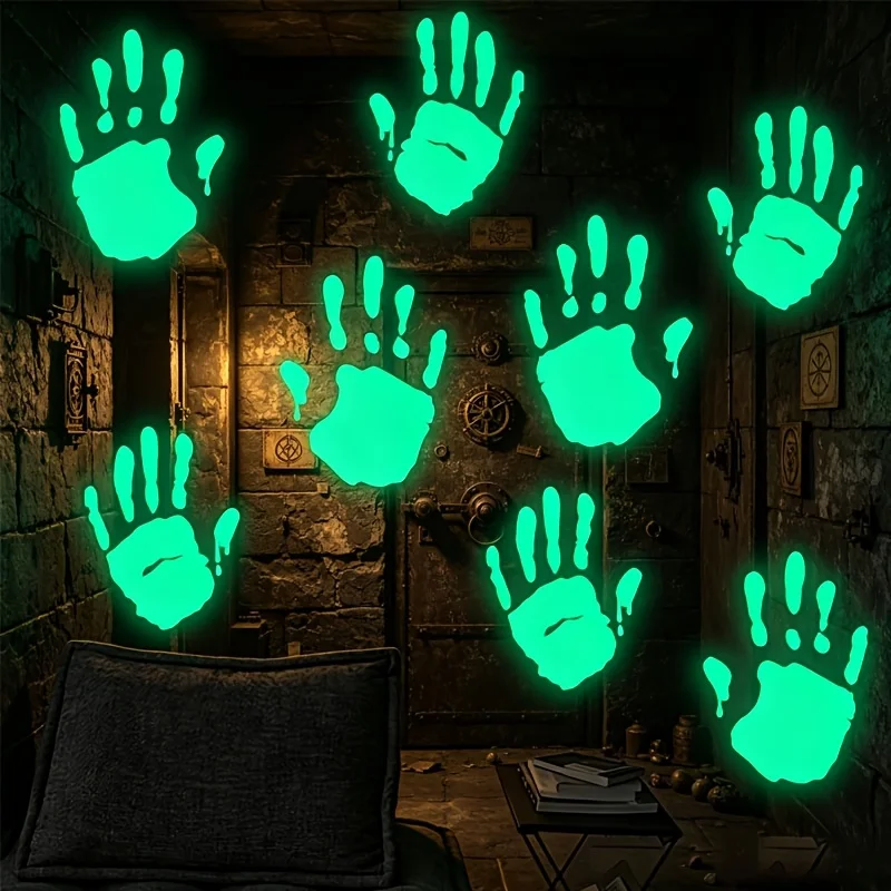 2Set Luminous Handprint Glass Stickers Wall Decals Horror Decor Stickers for Halloween Haunted House