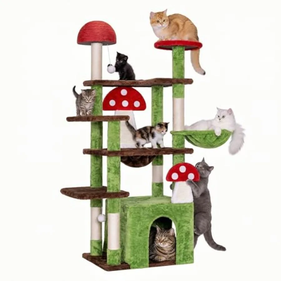

Mushroom Cat Tree for Indoor Cats 58 Multi-Level Cat Tower with Scratching Posts Anti-Tip Extra Wide Base Plush Cat Condo Hammo
