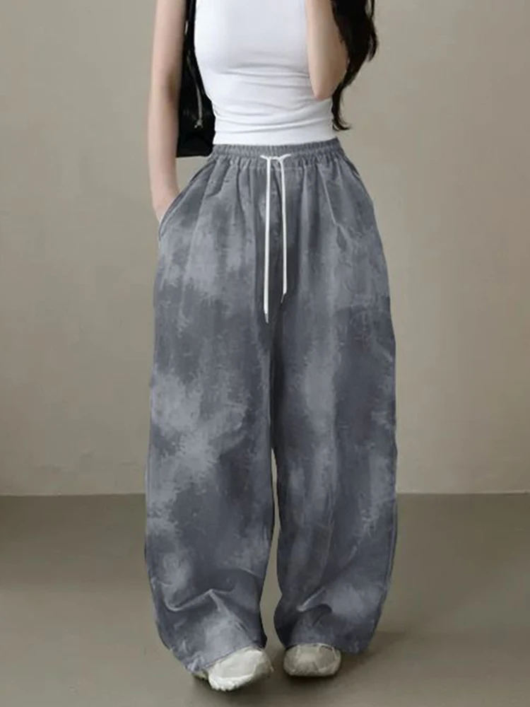 Tie Dye Streetwear Pant Women Vintage High Waist American Y2K Trousers Summer Loose Harajuku Lace Up Soft Bf Retro Wide Leg Pant