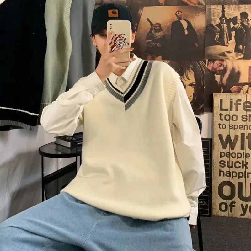 Мужской свитер, жилет в стиле пэчворк, простые вязаные свитера без рукавов со вставками, мужские свободные универсальные свитера с v-образным вырезом в корейском консервативном стиле, уличная одежда