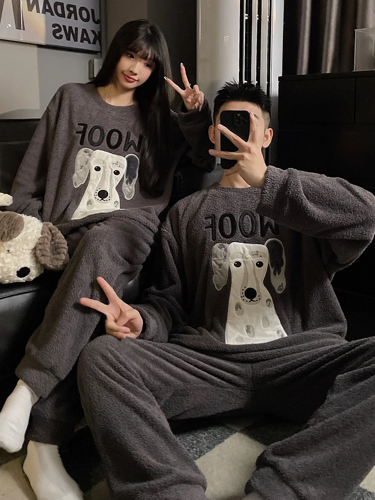 DAIMELU الشتاء ملابس خاصة مجموعة منامة الرجال المرجان الصوف الفانيلا سميكة الدافئة الذكور طويلة الأكمام الكرتون كبيرة الحجم المتسكعون مجموعة