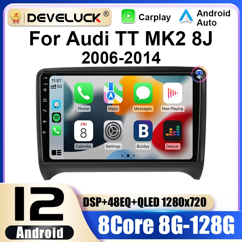 Autoradio pour Audi TT MK2 8J, Android 12, 2 Din, Limitation, Lecteur Vidéo, GPS, 4G, Carplay, Auto Stéréo, DVD, QLED, Unité Principale, 2006 - 2014