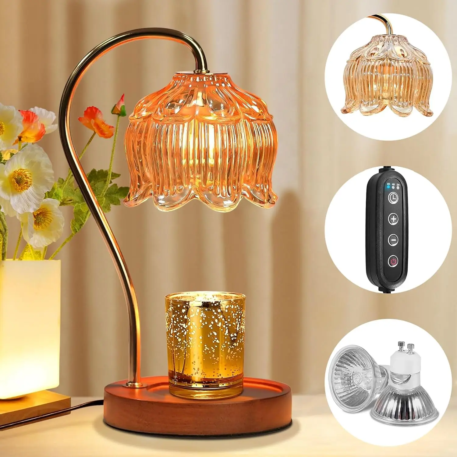 Flowers Night Light Bedroom Candles Lamp Bedside Table Room Decoration Christmas Gifts Warmer Lamp Dimmable Timer for Girlfriend