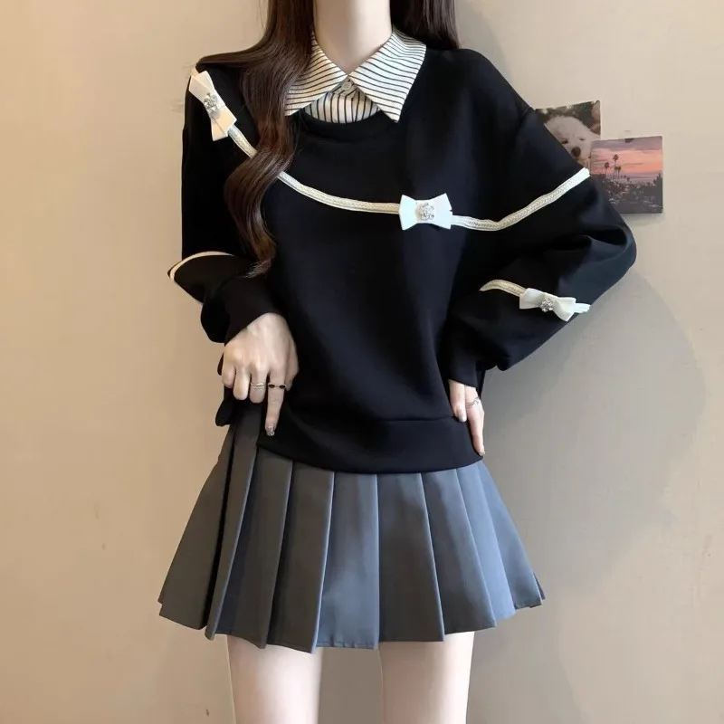 レディース スウェットシャツ ストライプ 韓国風 リボン付き コットン カジュアル ノベルティ Y2K ヴィンテージ 90年代風 フェイクツーピース風 女性用プルオーバートップス