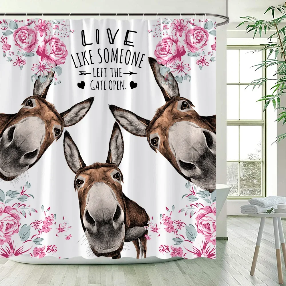 Funny Donkey Shower Curtains Vintage Barn Wooden Door Sunflower Farm Animal Bath Curtain Set Polyester Bathroom Decor with Hooks