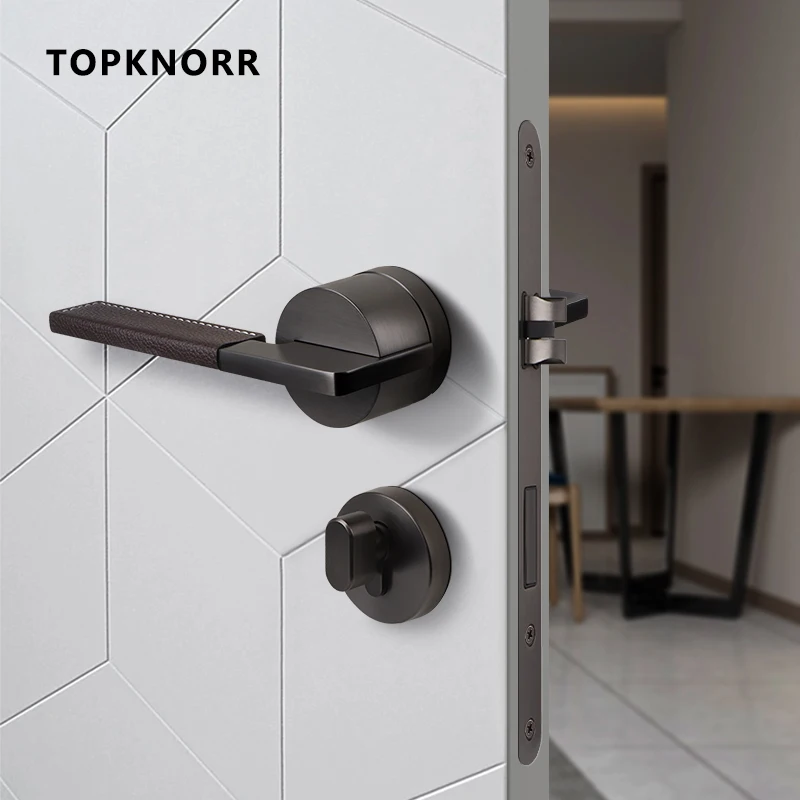 Genuine Leather Door Lock Indoor Bedroom Leather Door Handle Gray Black Nordic Silent Magnetic Wooden Door Lock Split Room Lock