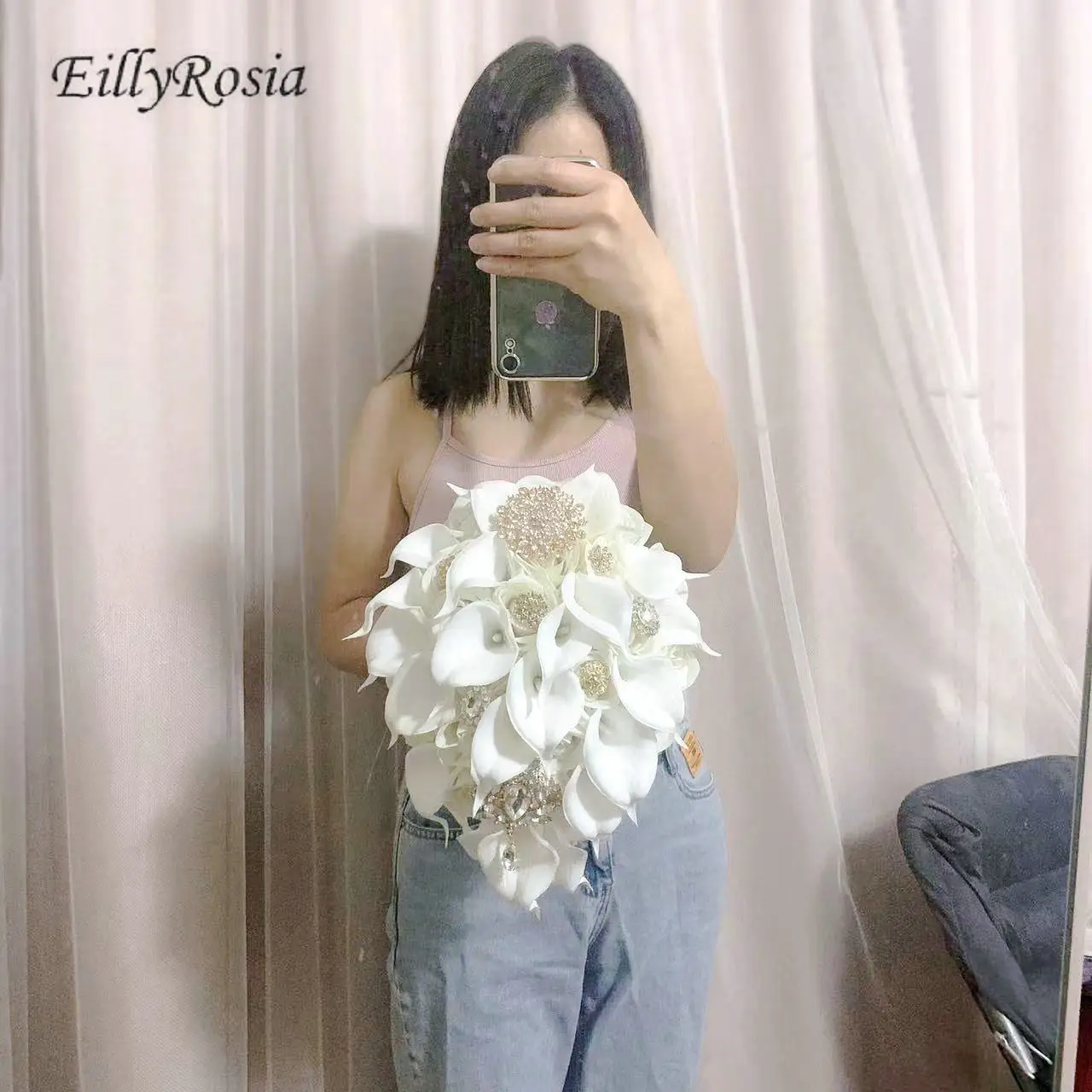 EillyRosia-broche de oro blanco, ramo de flores en forma de lágrima, lirios, rosas, boda en cascada, ramo de novia, diseño elegante, nuevo