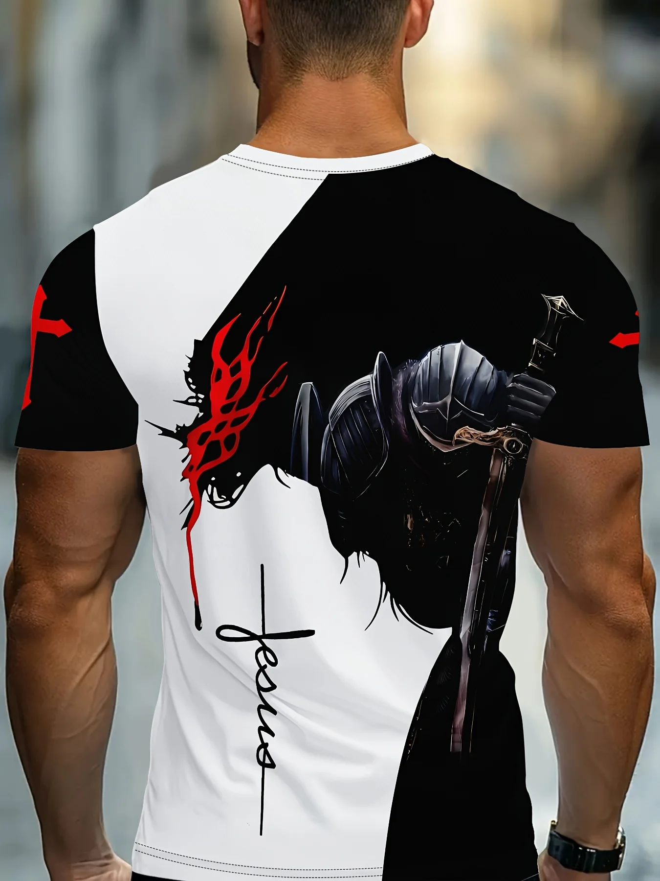 Men Short Sleeve T‑Shirt Black‑White Split Warrior Knight Red Flame Graffiti Crew Neck Tops