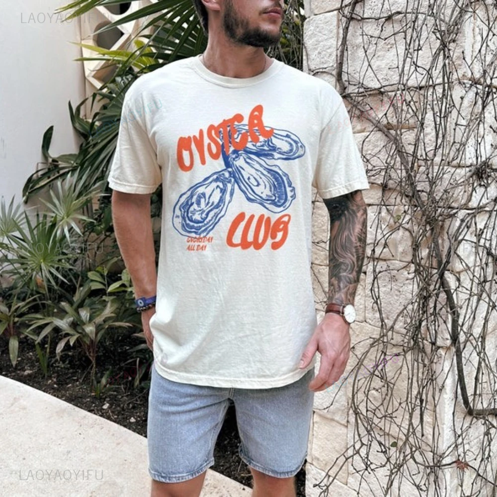 Oyster Club Foodie Vintage Inspired Beach Graphic T Shirts Summer Woman Man High Quality Cotton T-shirt Unisex Ropa Hombre