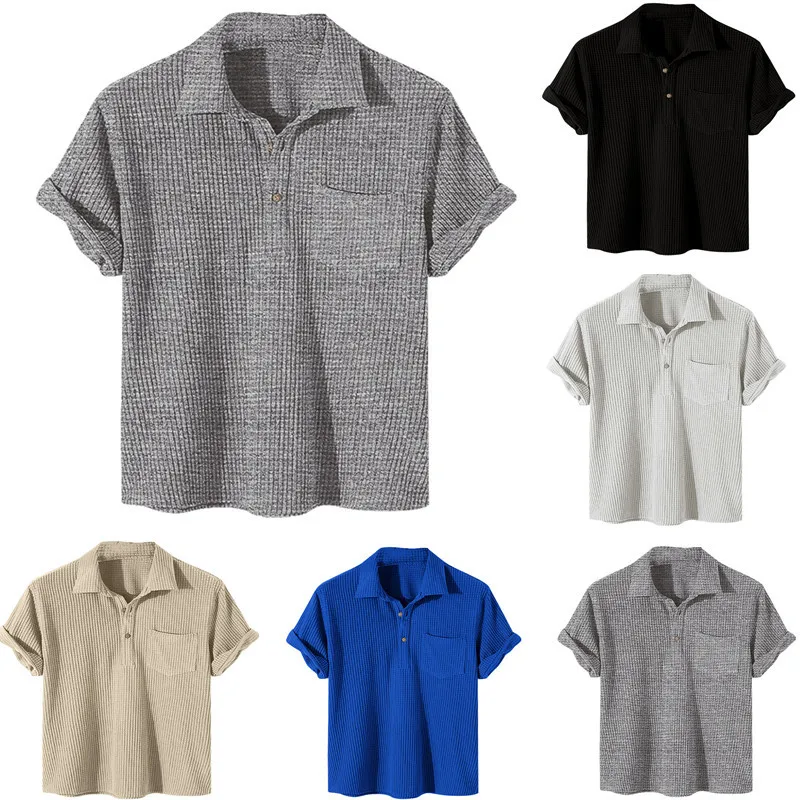 

Men's Clothing Summer New Waffle Button Shirt Fashion Versatile Short Sleeve Tee Checkered Casual Sports Men's T-shirt Tops
