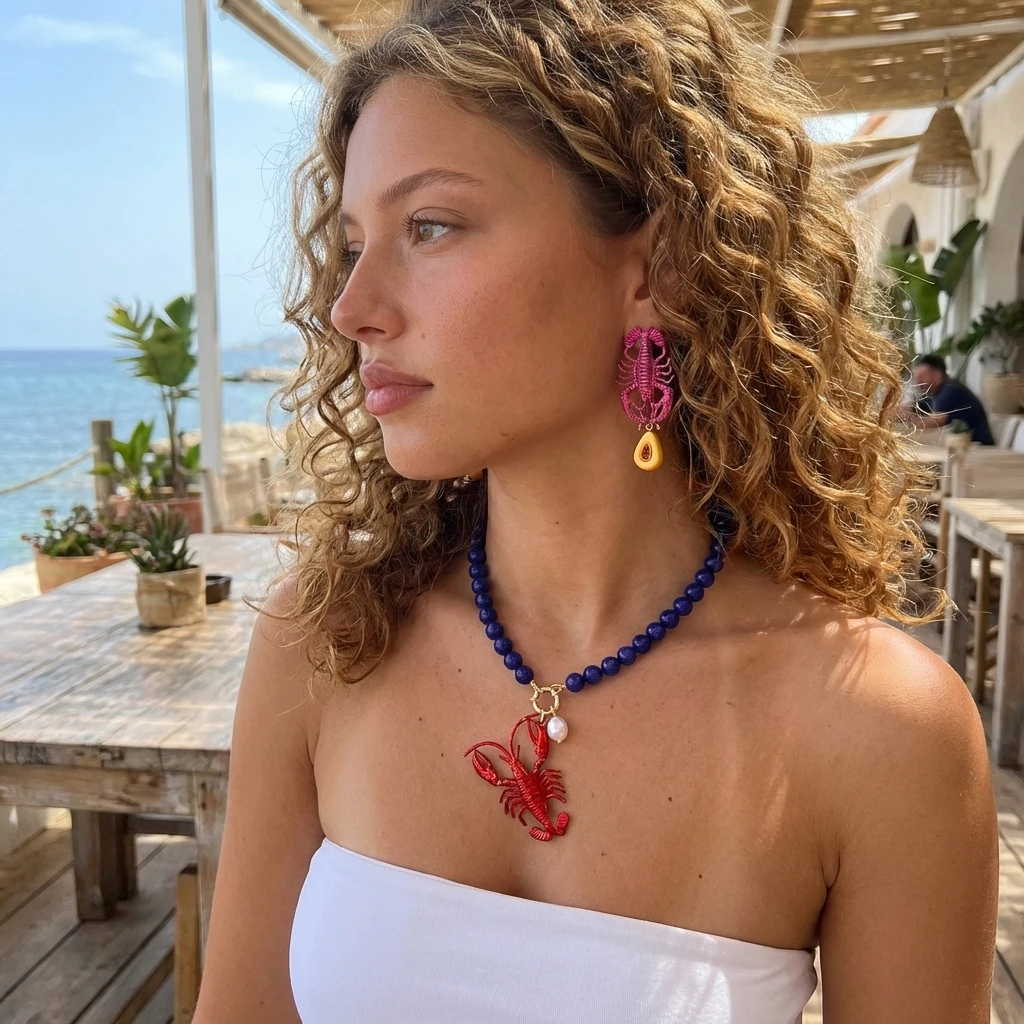 Funny Lobster Jewelry Set Beaded Necklace Dangle Earrings for Women Cute Ocean Animal Boho Beach Vacation Accessories